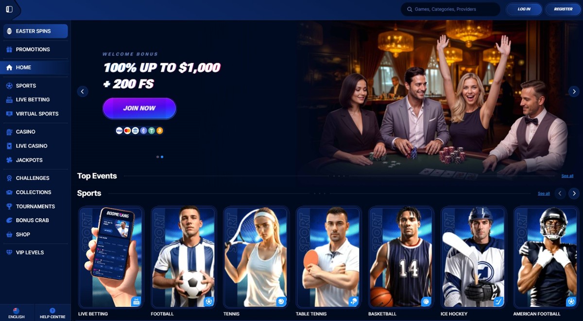 Boomerang-Bet homepage showing the welcome bonus of 100% up to $1,000 + 200 FS